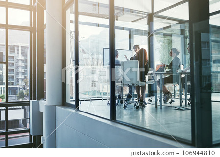 Presentation, boardroom window or business people in a meeting for financial analysis or sales report. Data analytics, manager or speaker planning a growth strategy on screen monitor in mentorship 106944810