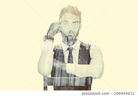 Business man portrait, development double exposure and employee with construction overlay. Corporate, old school and city architect face with confidence from job and career with skyline and cityscape 106944812
