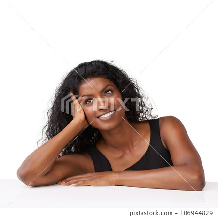 Fantasy, Indian woman and thinking with smile, idea and girl isolated on white studio background. Female, young lady and decisions for success, wondering and daydreaming with happiness or imagination Fantasy, Indian woman and thinking with smile, idea and girl isolated on white studio background. Female, young lady and decisions for success, wondering and daydreaming with happiness or imagination 106944829