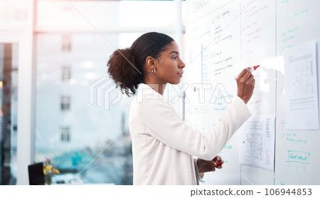 Businesswoman planning marketing strategy on a whiteboard in modern office for a corporate company. Serious, focused and professional African female writing a smart and creative idea at the workplace Businesswoman planning marketing strategy on a whiteboard in modern office for a corporate company. Serious, focused and professional African female writing a smart and creative idea at the workplace 106944853