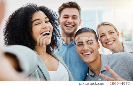 Fun, diversity and happy business people selfie for office team, company designer or global startup for about us social media website. Portrait of smile, motivation or energy workers of men and women 106944973