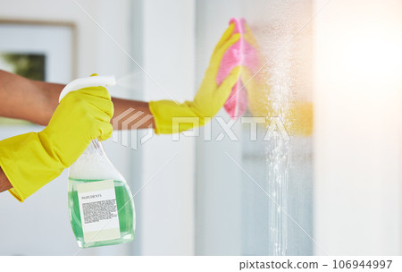 Window, spray and hands cleaning in a home for hygiene, germ protection and maintenance with a chemical in a house. Bacteria, glass and housekeeper or cleaner working on a wood desk with gloves 106944997