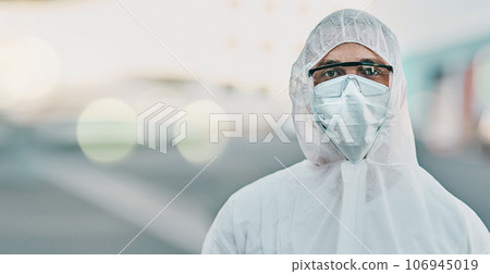 Man, face mask and PPE in portrait with safety, Covid compliance with mockup space and bokeh. Health, protection gear and virus with healthcare banner, disinfection and medical worker with danger Man, face mask and PPE in portrait with safety, Covid compliance with mockup space and bokeh. Health, protection gear and virus with healthcare banner, disinfection and medical worker with danger 106945019