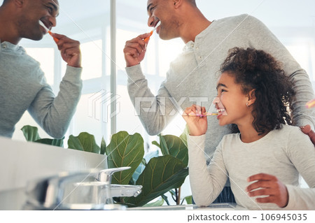 Dad, girl and kid brushing teeth in bathroom for hygiene, morning routine or learning healthy oral habits. Happy father, child and dental cleaning at mirror with toothbrush, self care or fresh breath Dad, girl and kid brushing teeth in bathroom for hygiene, morning routine or learning healthy oral habits. Happy father, child and dental cleaning at mirror with toothbrush, self care or fresh breath 106945035