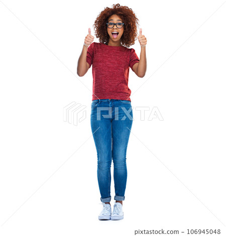 Portrait, black woman and student with thumbs up, smile and girl isolated on white studio background. Nigerian female, lady and gesture for success, like and happiness with good news and positive Portrait, black woman and student with thumbs up, smile and girl isolated on white studio background. Nigerian female, lady and gesture for success, like and happiness with good news and positive 106945048