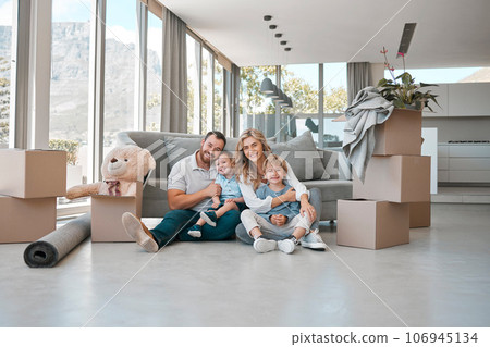 Moving, box and portrait of family in new house for property, investment or future. Real estate, happy and renting with parents and children in living room of home for relocation, homeowner and relax Moving, box and portrait of family in new house for property, investment or future. Real estate, happy and renting with parents and children in living room of home for relocation, homeowner and relax 106945134