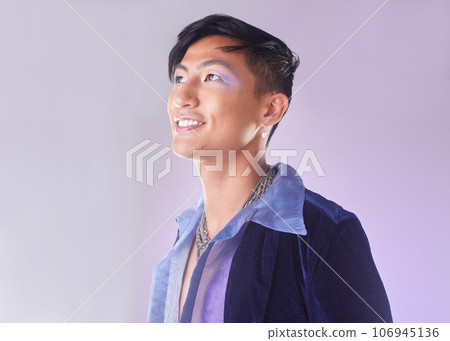 Makeup, smile and fashion, lgbt man from Indonesia with confidence isolated on purple background. Happy, aesthetic and male model with beauty in studio, creative non binary and gender neutral design. 106945136