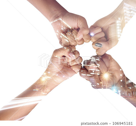 Hands, fist bump and team, together and support with city overlay and double exposure on white background. Collaboration, trust and people united in studio, connection and solidarity with diversity 106945181