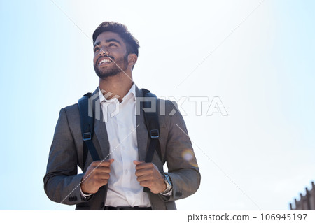 Business man, backpack and walking in street, city and summer sunshine with smile with vision. Young indian businessman, outdoor and walk with happiness, thinking and professional in metro for travel Business man, backpack and walking in street, city and summer sunshine with smile with vision. Young indian businessman, outdoor and walk with happiness, thinking and professional in metro for travel 106945197