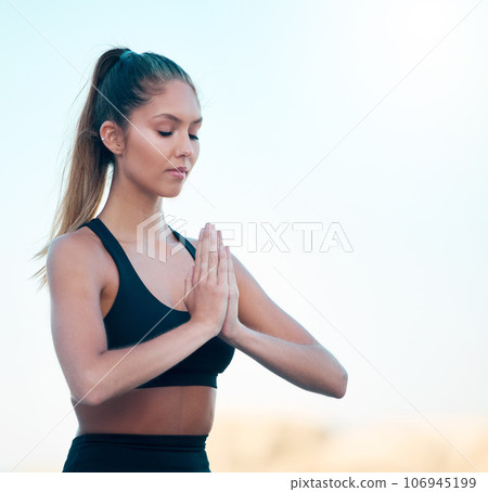 Woman meditate outdoor, yoga and praying with mindfulness, zen and balance with fitness and faith. Female yogi with health, wellness and peace, spiritual and peace with healing and mockup space 106945199