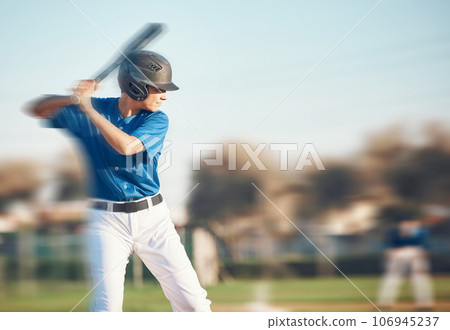 Baseball, bat and a person swing outdoor on a pitch for sports, performance and competition. Professional athlete or softball player with motion blur game, training or exercise on a field with space 106945237