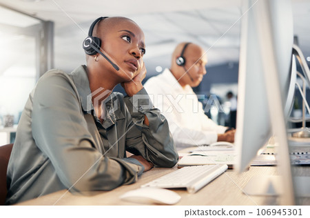 Call center, stress and a woman with a headset at computer with customer account problem. Black person crm support agent at pc for error, mistake or crisis with telemarketing, help desk or sales fail Call center, stress and a woman with a headset at computer with customer account problem. Black person crm support agent at pc for error, mistake or crisis with telemarketing, help desk or sales fail 106945301