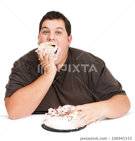 Cake, obesity and overweight man eating desert or unhealthy diet isolated in a studio white background. Hungry, face and portrait of a person with mouth full with sweets, sugar and calories Cake, obesity and overweight man eating desert or unhealthy diet isolated in a studio white background. Hungry, face and portrait of a person with mouth full with sweets, sugar and calories 106945333