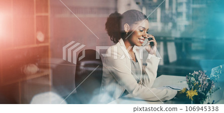 Business, phone call and black woman in international communication with client for networking, b2b or contact. Corporate, virtual assistant or receptionist talking on smartphone and typing on pc 106945338