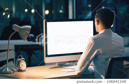 Night business, man and computer mockup for planning, web design and research screen. Back of worker, mock up and desktop technology for overtime on internet, innovation or digital branding strategy Night business, man and computer mockup for planning, web design and research screen. Back of worker, mock up and desktop technology for overtime on internet, innovation or digital branding strategy 106945349