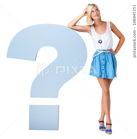 Question mark, doubt and woman in a studio with thinking, curiosity and contemplating expression. Confusion, wondering and full length of a thoughtful female model isolated by a white background. 106945351