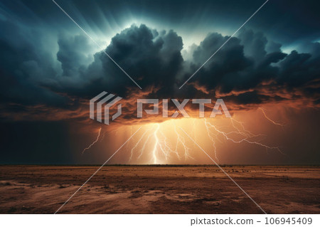 Lightning thunderstorm flash over the night sky. Concept on topic weather, cataclysms. AI generated 106945409