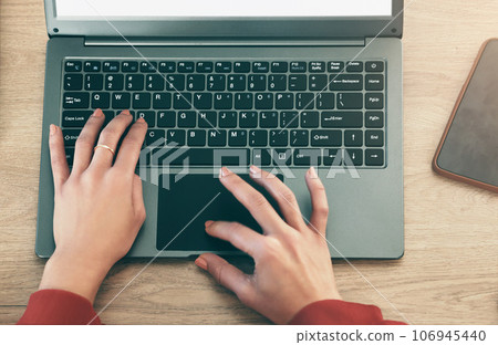 Laptop keyboard, hands and person typing report, online feedback or customer experience review. Research, closeup top view and woman working on social media blog post, copywriting or project Laptop keyboard, hands and person typing report, online feedback or customer experience review. Research, closeup top view and woman working on social media blog post, copywriting or project 106945440