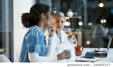 Doctor, team and laptop in discussion at night for healthcare strategy or planning at hospital. Women medical professional in collaboration working late together for teamwork, conversation or ideas 106945557