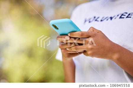 Person hands, phone and volunteering in nature with social media FAQ, blog or community service networking. Volunteer on mobile or chat for earth day communication, NGO or nonprofit contact in park 106945558