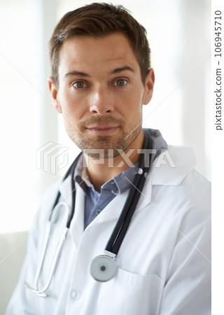 Portrait, serious man and doctor in clinic for healthcare management, hospital services and help. Face of male employee, medical therapist and surgeon for trust, integrity and professional experience 106945710