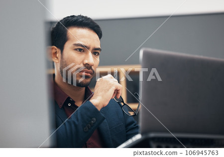 Administration laptop, serious and man reading finance spreadsheet, online banking payroll or financial accounting. Bookkeeping system, user focus and face of agent problem solving budget analysis 106945763