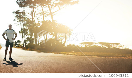 Runner, street and man with fitness, sunshine and start race with health, wellness and workout outdoor. Banner, athlete and runner in road with exercise, training for marathon race and healthy Runner, street and man with fitness, sunshine and start race with health, wellness and workout outdoor. Banner, athlete and runner in road with exercise, training for marathon race and healthy 106945811