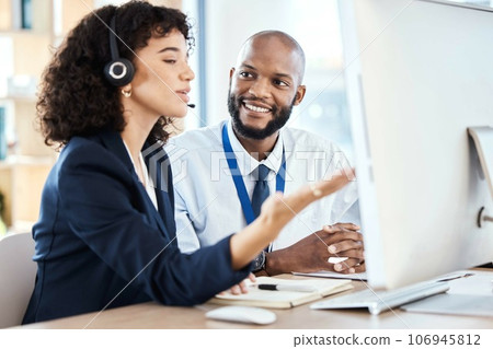Callcenter, customer service or teamwork on computer for coaching, consulting or networking in office. Manager, learning or black man and woman on tech for telemarketing, research or strategy support Callcenter, customer service or teamwork on computer for coaching, consulting or networking in office. Manager, learning or black man and woman on tech for telemarketing, research or strategy support 106945812