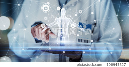 Tablet, hands or doctor with human body hologram for futuristic research, 3d ai analysis or hospital innovation. Life insurance, medical or man with virtual holographic anatomy for digital healthcare 106945827
