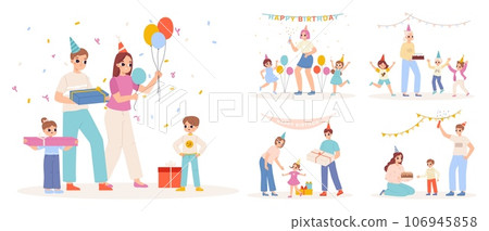 Congratulations kids. Birthday party scenes, adults with gifts and present boxes. First anniversary with confetti, cake and garlands snugly vector set Congratulations kids. Birthday party scenes, adults with gifts and present boxes. First anniversary with confetti, cake and garlands snugly vector set 106945858