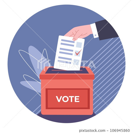 Voting box and paper ballot in human hand. Parliament vote, democracy election and opinion of people. Political, survey kicky vector scene Voting box and paper ballot in human hand. Parliament vote, democracy election and opinion of people. Political, survey kicky vector scene 106945860