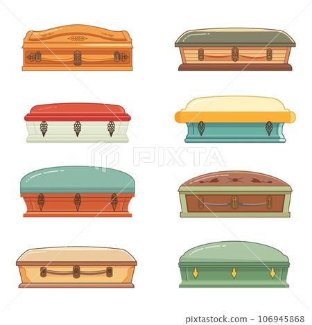 Cartoon isolated coffin. Funeral service equipment, flat color coffins with decor. Pharaoh funerary sarcophagus, mortuary decent vector elements Cartoon isolated coffin. Funeral service equipment, flat color coffins with decor. Pharaoh funerary sarcophagus, mortuary decent vector elements 106945868