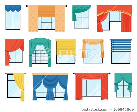 Window curtains and blinds. Isolated windows with fabric decor, flat interior decorative design. Modern and retro drapes decent vector set 106945869