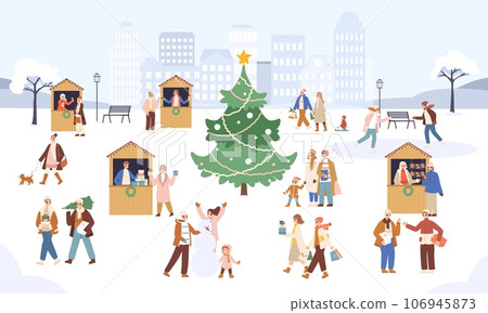 Christmas fair. Festive xmas marketing, people crowd walking in snowy city park. Winter holidays, outdoor new year activities snugly vector scene Christmas fair. Festive xmas marketing, people crowd walking in snowy city park. Winter holidays, outdoor new year activities snugly vector scene 106945873