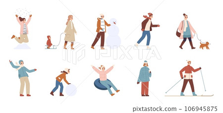 People winter activity, skate and ski. Happy girl jump in snow, holiday city activities. Making snowman, sledding and dog walking snugly vector set 106945875