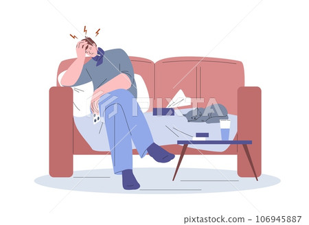 Sick man character. Fever flu symptoms, winter illness male character on sofa with medications. Sickness person with headache, kicky vector scene Sick man character. Fever flu symptoms, winter illness male character on sofa with medications. Sickness person with headache, kicky vector scene 106945887