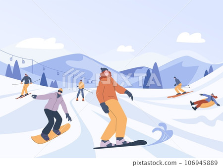 Snow ski resort. Snowboard family holidays, sport friends skiing and snowboarding. Winter outdoor activities, christmas travel kicky vector scene 106945889