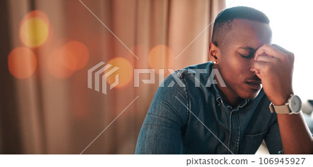 Banner, headache and black man with burnout, fatigue and stress with medical problem, home and tired. Exhausted, African person or guy with a migraine, confused or health issue with pain or emergency Banner, headache and black man with burnout, fatigue and stress with medical problem, home and tired. Exhausted, African person or guy with a migraine, confused or health issue with pain or emergency 106945927