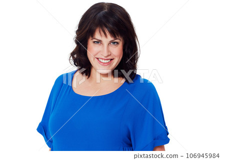 Happy, smile and portrait of a woman in a studio with a casual outfit, confidence and positive mindset. Happiness, face and natural female model with stylish clothes isolated by a white background. 106945984