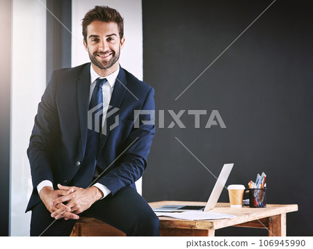Business, portrait and happy man in office for professional mindset, confidence and career management with space. Corporate employee, boss or person on workplace desk for planning with smile for job 106945990