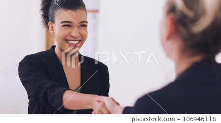 Hand shake, women and happiness for welcome, agreement or deal for onboarding at law firm. African woman, lawyer and shaking hands for recruitment, teamwork or congratulations with smile in workplace Hand shake, women and happiness for welcome, agreement or deal for onboarding at law firm. African woman, lawyer and shaking hands for recruitment, teamwork or congratulations with smile in workplace 106946118