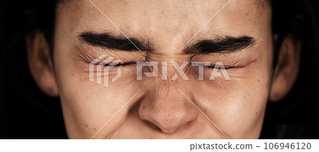 Stress, fear and woman in studio for mental health problem, phobia and anxiety on black background. Eyes, closed and girl in dark room with depression, abuse and psychology, schizophrenia and worry Stress, fear and woman in studio for mental health problem, phobia and anxiety on black background. Eyes, closed and girl in dark room with depression, abuse and psychology, schizophrenia and worry 106946120