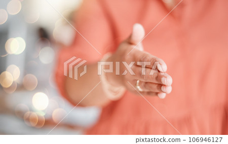 Handshake, welcome and thank you with hands of woman for meeting, networking and partnership. B2b success, job interview and hiring with employee in office for onboarding deal, contract and support 106946127