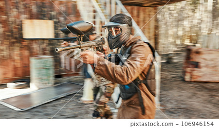 Paintball, team and blur of men with gun for tournament, competition and battle for action. Sports, military and male people shooting in outdoor arena for training, adventure games and challenge Paintball, team and blur of men with gun for tournament, competition and battle for action. Sports, military and male people shooting in outdoor arena for training, adventure games and challenge 106946154