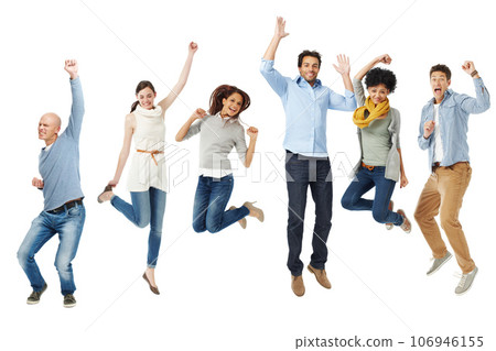 Celebrations in isolation. Full body shot of a group of excited people jumping into the air. Celebrations in isolation. Full body shot of a group of excited people jumping into the air. 106946155