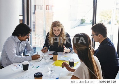 Business people, meeting and team discussion for strategy, marketing or collaboration at the office. Group of employee workers in business meeting, teamwork or project planning idea at the workplace 106946156