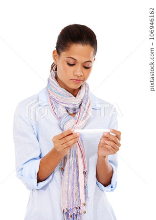 Depression, sad and woman with pregnancy test in studio isolated on a white background. Pregnant, infertility and female looking at maternity exam results feeling disappointed, unhappy and depressed. Depression, sad and woman with pregnancy test in studio isolated on a white background. Pregnant, infertility and female looking at maternity exam results feeling disappointed, unhappy and depressed. 106946162
