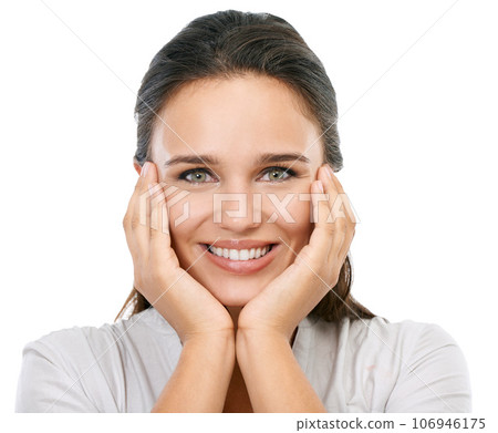 Portrait, happy and surprise with a woman in studio isolated on a white background with a smile on her face. Wow, hands and beauty with a surprised young female looking shocked, excited or proud Portrait, happy and surprise with a woman in studio isolated on a white background with a smile on her face. Wow, hands and beauty with a surprised young female looking shocked, excited or proud 106946175