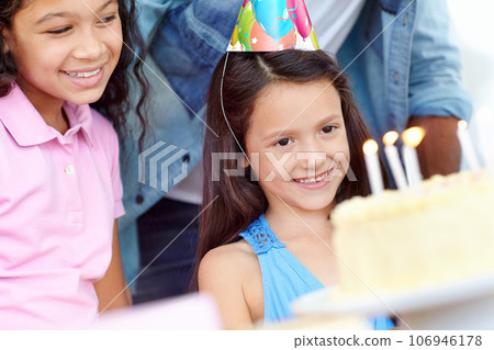 Birthday cake, kids party celebration and happy children, friends or people celebrate childhood memory event. Congratulations, happiness and excited child smile for dessert, sweets or food Birthday cake, kids party celebration and happy children, friends or people celebrate childhood memory event. Congratulations, happiness and excited child smile for dessert, sweets or food 106946178