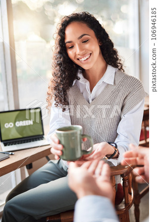 Coffee shop, server and woman customer happy for tea, espresso or hot beverage in a cafe or restaurant for lunch. Smile, waiter and female employee having breakfast service working for eco friendly 106946185
